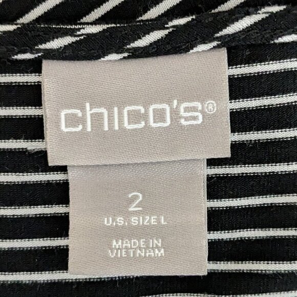 CHICO'S Black w White Stripes Long Flared Knit Tunic Dress w Pockets; Size 12 - Picture 3 of 6
